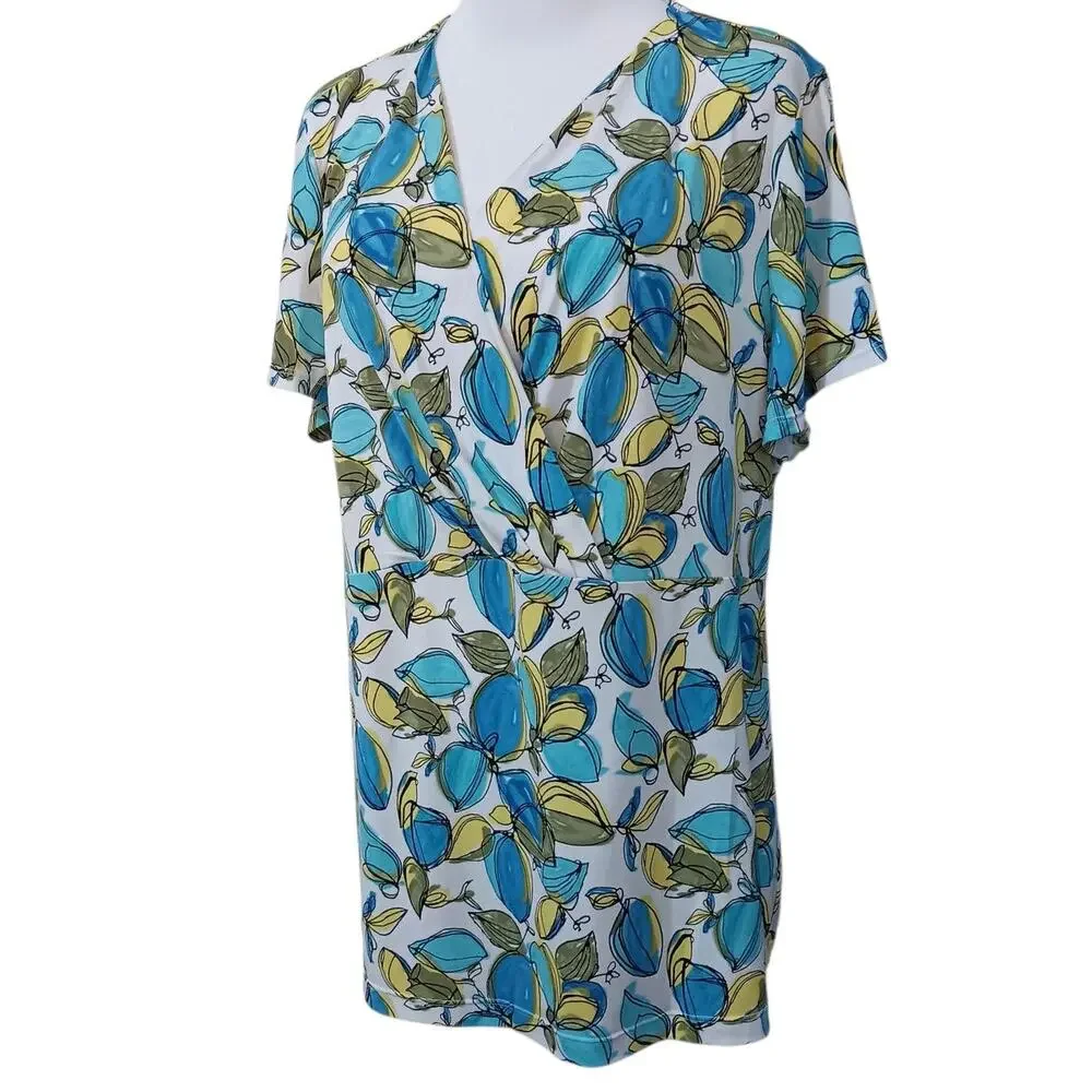 Alfani Beautiful Abstract Floral Blouse Top Plus 2X Stretchy Short Sleeves VNeck